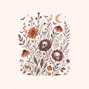 K&ouml;nnte beinhalten: Eine detaillierte Illustration mit einer Ansammlung von Wildblumen, menschlichen Sch&auml;deln und kleinen Geisterfiguren. Die Komposition umfasst eine Mondsichel, mehrere fliegende Flederm&auml;use und winzige Sterne in warmen herbstlichen Farbt&ouml;nen.