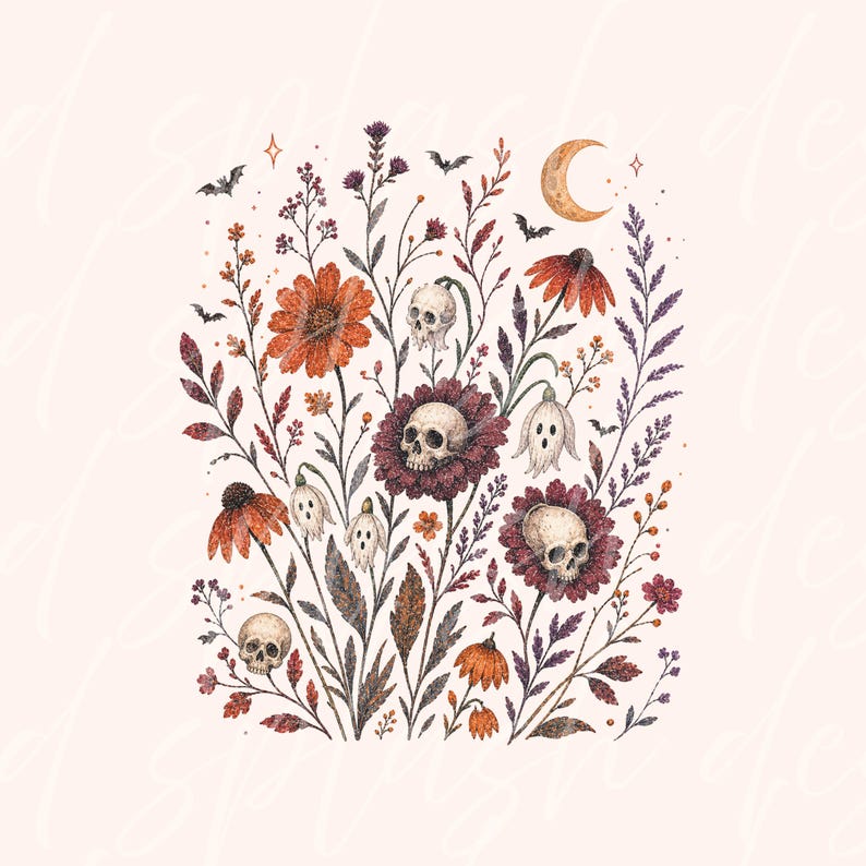 K&ouml;nnte beinhalten: Eine detaillierte Illustration mit einer Ansammlung von Wildblumen, menschlichen Sch&auml;deln und kleinen Geisterfiguren. Die Komposition umfasst eine Mondsichel, mehrere fliegende Flederm&auml;use und winzige Sterne in warmen herbstlichen Farbt&ouml;nen.