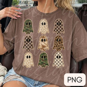 Retro patchwork ghosts png, checkered ghost design, trendy fall png, Halloween design, Sublimation design
