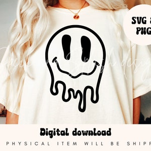 drippy smeltende smiley gezicht SVG/PNG, glimlach SVG voor- en achterkant, overgestimuleerde SVG, trendy esthetische SVG gesneden bestanden voor cricut, sublimatie