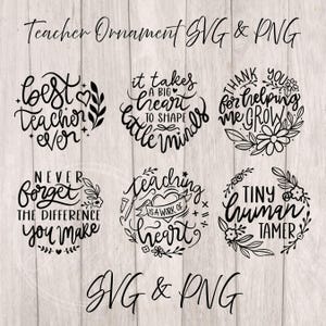May include: Black and white teacher-themed SVG and PNG designs. The designs include phrases like "Best Teacher Ever," "It Takes a Big Heart to Shape Little Minds," and "Thank You for Helping Me Grow." The image also includes the text "SVG & PNG."