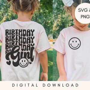 Golvende tekst verjaardag meisje SVG, groovy verjaardagsshirt png, retro verjaardagscutfile, leuke verjaardag top png, leuk girly verjaardagsshirt gesneden bestand SVG