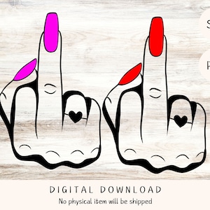 Weiblicher Mittelfinger SVG / PNG-Bundle mit rosa Nägeln und Herzring, Cricut-Schnittdatei, PNG für Sublimationsdesign, digitale Download-Datei