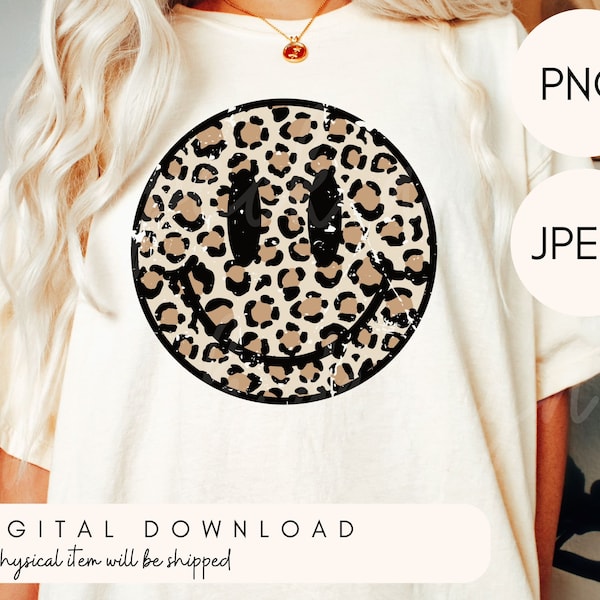 distressed leopard print smiley face png, Retro groovy smiley face png sublimation design, vintage animal print png, summer vibes smiley png