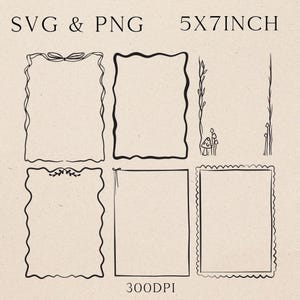 May include: A collection of six black and white frame designs in SVG and PNG formats. The image includes the text "SVG & PNG 5X7INCH" and "300DPI". The frames have various decorative elements, including bows, leaves, and scalloped edges.