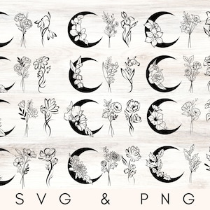 paquete SVG y PNG de flores del mes de nacimiento, flor de nacimiento de luna botánica SVG, diseños de tatuajes de flores png, archivos cortados de flores, descarga digital