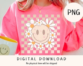 Retro Checkered Daisy Smiley PNG: Distressed Shirt Design (Digital Download)