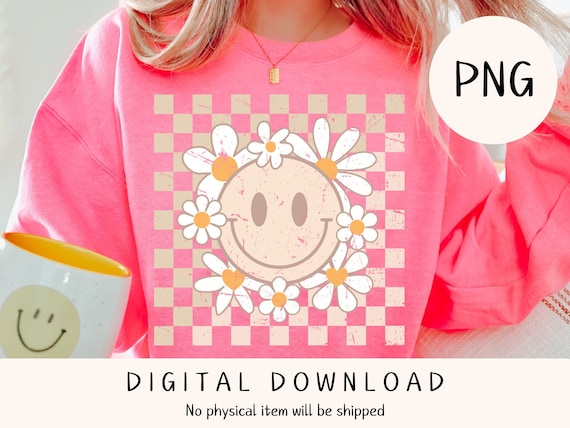 Retro Checkered Daisy Smiley PNG: Distressed Shirt Design (Digital Download)