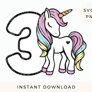 unicorno 3° compleanno in formato SVG/PNG, unicorno cake topper in formato SVG, clipart festa di compleanno per ragazze per 3 anni, tre design a sublimazione