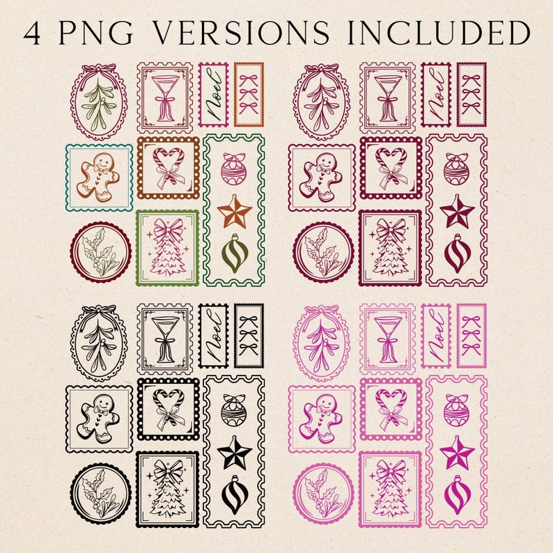 May include: A collection of Christmas-themed postage stamp designs in various colors, including green, red, and pink. The stamps feature festive illustrations such as a gingerbread man, Christmas tree, and ornaments. The text "4 PNG VERSIONS INCLUDED" is at the top.