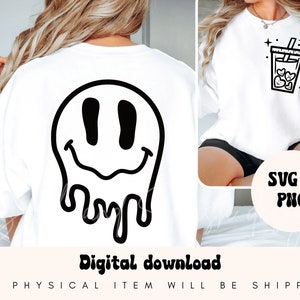 drippy smeltende smiley gezicht SVG/PNG, glimlach SVG voor- en achterkant, overgestimuleerde SVG, trendy esthetische SVG gesneden bestanden voor cricut, sublimatie