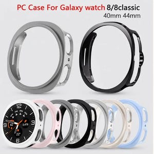 May include: PC cases for Galaxy watch 8 and 8 classic in 40mm and 44mm sizes. The image displays two large circular protective frames in silver and black, followed by a row of smaller cases in white, pink, grey, black, silver, beige, and blue.