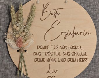 Personalized gift for kindergarten teacher, thank you teacher, farewell wall sign 20 cm wooden sign with dried flowers, farewell kindergarten/daycare
