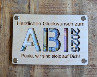 Abitur Geschenk, Abi 2026, Personalisiertes Geldgeschenk zum Abitur, Holzkarte für Geld, Schulabschluss Karte mit Namen