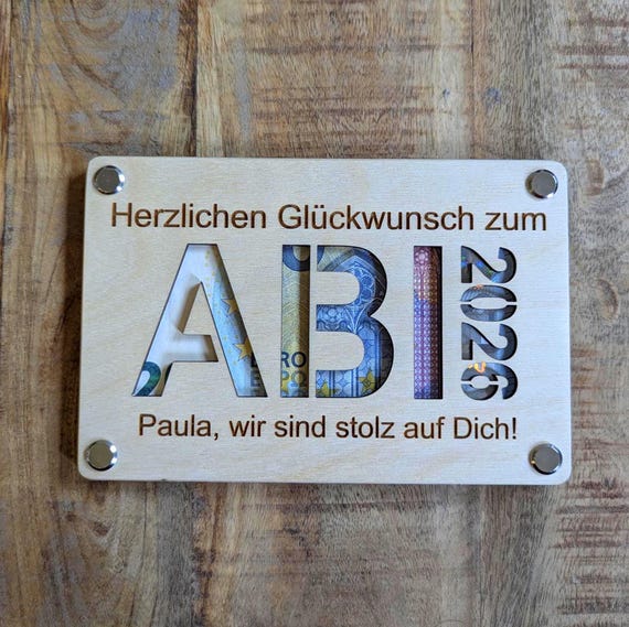 Geschenk Abitur, Geschenk Abi 2026, Personalisiertes Geldgeschenk zum Abitur, Holzkarte für Geld, Schulabschluss Karte mit Namen