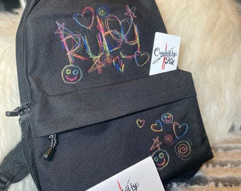 Personalised Rucksack - Scribble Art - Kids Backpack - Rainbow Embroidered - Gift - School - Sport