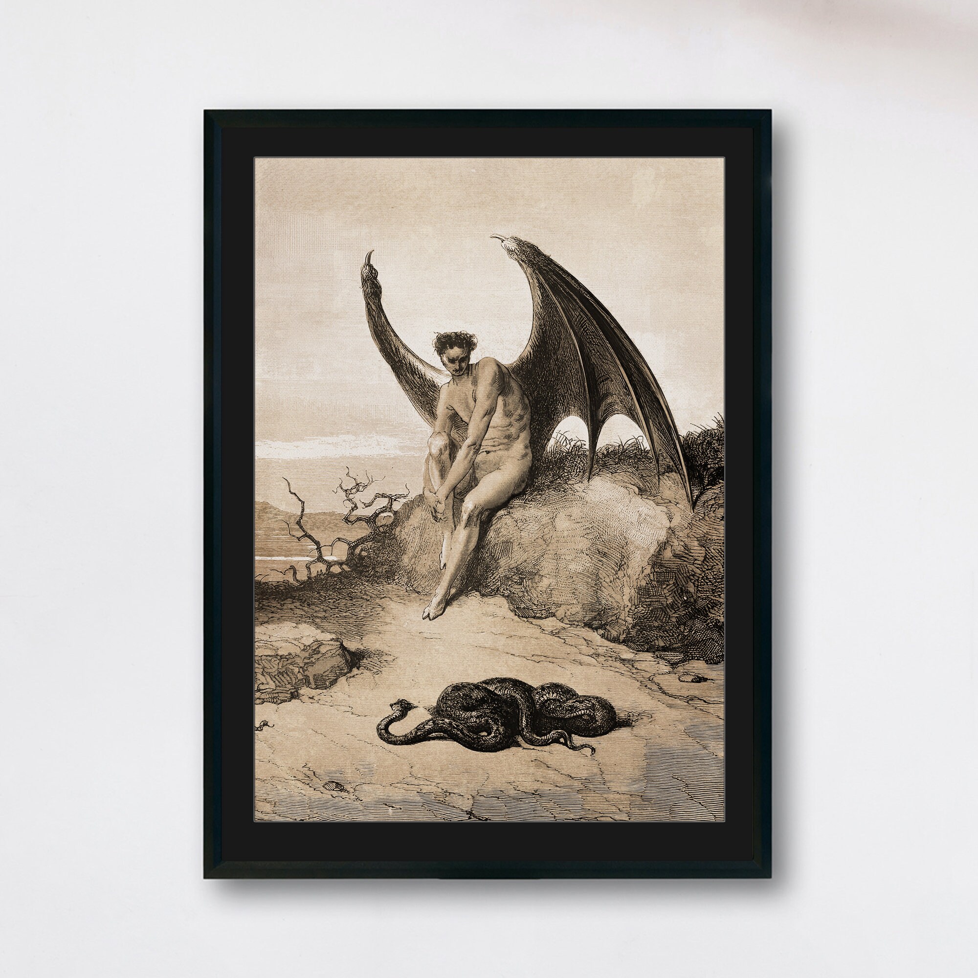 Satan and Serpent, Naked Winged Demon, Vintage Occult Illustration, Lucifer, Witchcraft, Gothic