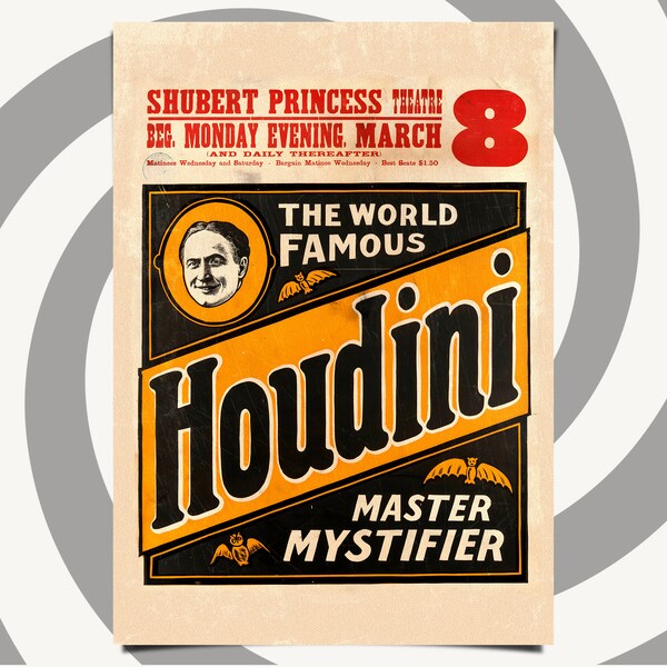 Houdini Poster, Circus Illusion, Magic Show, Vintage Illustration, Art Print - A4 and A3 Size