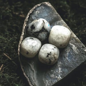 Può includere: Quattro pietre di luna burattate con segni grigi e neri poggiano su una superficie grigia simile alla pietra. Le pietre sono lisce e arrotondate, con una morbida lucentezza perlacea. Lo sfondo è un verde scuro e muschioso.