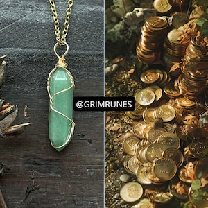May include: A green crystal pendant wrapped in gold wire, suspended from a gold chain. The pendant is a light green color. The image also shows a pile of gold coins. The text "@GRIMRUNES" is visible.
