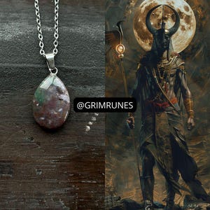May include: A silver chain necklace with a teardrop-shaped pendant. The pendant is a gemstone with a mix of burgundy, green, and white colors. The image also features a digital illustration of a figure with horns and a staff.