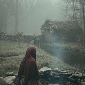 May include: A person wearing a dark red hooded cloak and a long brown skirt sits on a rock beside a small stone-lined fire pit with a metal pot. The scene is set in a misty, wooded landscape featuring a small stone structure and a stream.