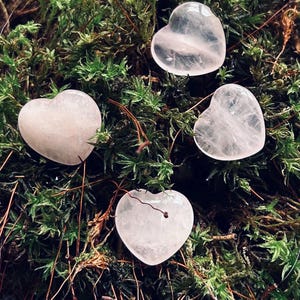 Puede incluir: Cuatro piedras de cuarzo rosa en forma de corazón descansan sobre un lecho de musgo verde y ramitas marrones. Las piedras varían en translucidez, algunas aparecen más opacas y otras casi transparentes. La disposición crea una estética natural y terrosa.