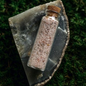Puede incluir: Una pequeña botella de vidrio transparente llena de una mezcla de gránulos rosas y marrones, coronada con un tapón de corcho. La botella descansa sobre una piedra gris y blanca sobre un fondo de musgo verde, creando una estética natural.