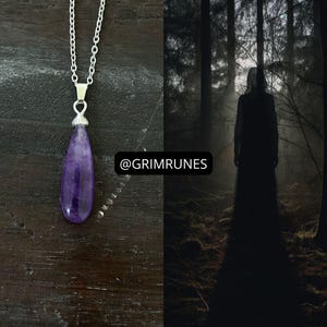 May include: A silver chain necklace with a teardrop-shaped, purple amethyst pendant. The pendant is suspended from a decorative silver bail. The image also includes a dark, atmospheric forest scene with a figure in the background. The text "@GRIMRUNES" is in the image.
