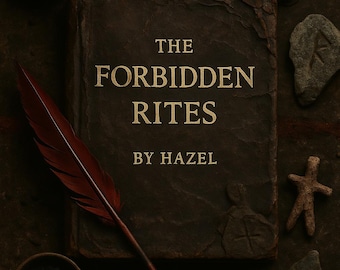 May include: A dark, textured book titled "THE FORBIDDEN RITES BY HAZEL" with a red feather and various ritualistic objects. The objects include small figurines, stones with markings, and bowls with dark contents. The overall aesthetic is mysterious and occult.