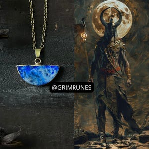 May include: A necklace featuring a semi-circular pendant made of blue and white stone suspended from a gold-toned chain. To the right, an illustration depicts a dark, horned figure holding a staff against a large moon, with the text @GRIMRUNES.
