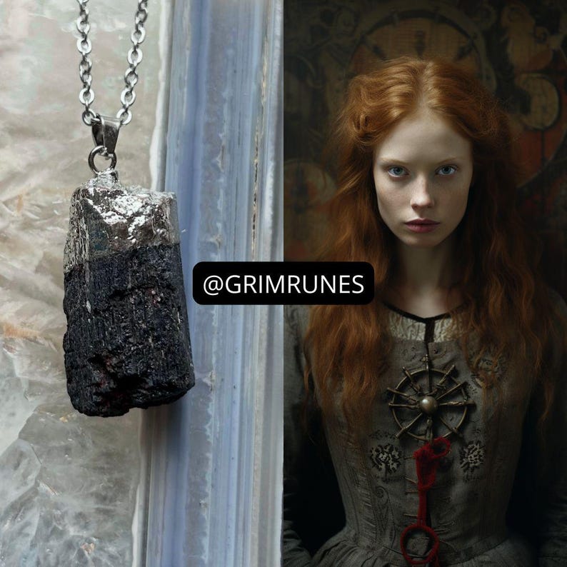 May include: A black tourmaline pendant with a silver-colored cap and chain. The pendant is a rough, natural stone. The image also features a woman with red hair and the text "@GRIMRUNES".