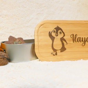 personalisierte Brotbox | Lunchbox | Vesperdose aus Bambus | Pinguin