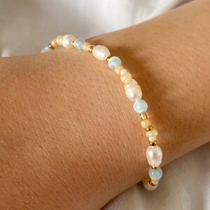 Bracciale regolabile con perle blu pastello oro | Acciaio inossidabile antiruggine, placcato in oro, anallergico Idea regalo estate primavera