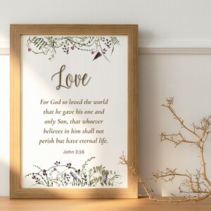 John 3:16 Scripture Wall Art, Christian Bible Verse Quotes, Watercolor Wildflower Botanical Floral Art Prints - INSTANT DOWNLOAD