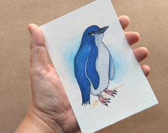 Hand Painted Little Blue Penguin ACEO Original Art Watercolor with ink on paper (A6) Small Artwork 4X6 inches by Antoinette Coetzee