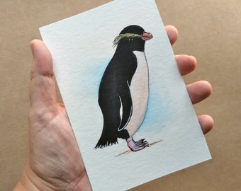 Hand Painted Fiordland Crested Penguin ACEO Original Art Watercolor with ink on paper (A6) Small Artwork 4X6 inches by Antoinette Coetzee