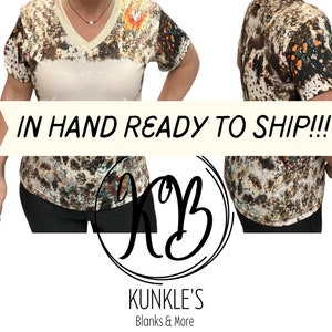 Kledingstukken, blanco kleding, sublimatiekleding, T-shirts met imitatiebleekmiddel en koeienprint, T-shirts met v-hals, sublimatie-T-shirts