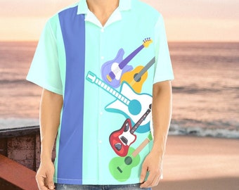 Retro Bowling Shirt, Vintage Style, Hawajska Bowling Shirt, Guziki z przodu, Gitary, Muzyka, Mambo Hawaiian Shirt, Urocza męska koszula Zabawna koszula