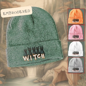 HALLOWEEN WITCH Black Cats Beanie, Embroidered Hat Cap, Seasonal Spooky Gift, Kitten Embroidery Spooky Winter, Magic Warlock Sorceress