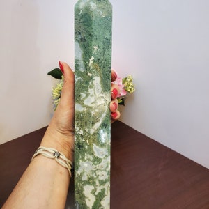 Large 12" tall Moss Agate Crystal Tower