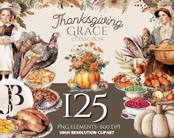 Thanksgiving Clipart Bundle Pilgrim, Turkey, Pumpkin Pie, Fall Harvest PNG, Autumn Dinner Elements, Digital Download