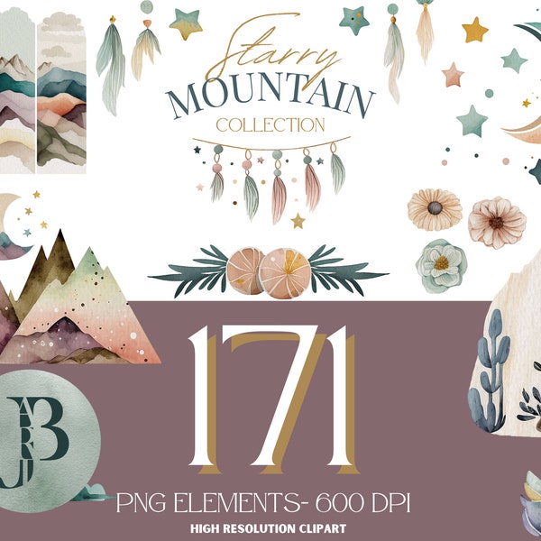 Boho Stary Mountain Clipart Collection, Clipart de montagne, clipart de ciel nocturne, Clipart de désert, licence commerciale limitée, téléchargement immédiat