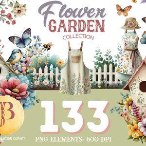 Watercolor Flower Garden Clipart Collection, Birdhouse clipart, Butterfly Clipart, Bumblebee Clipart, Instant Download, Commercial License