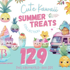 Watercolor Kawaii Summer Clipart Collection, Ice Cream Clipart, Popsicle Clipart, Instant Download, Commercial license