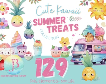 Watercolor Kawaii Summer Clipart Collection, Ice Cream Clipart, Popsicle Clipart, Instant Download, Commercial license