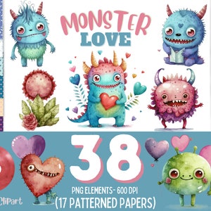 Valentines Day watercolor clipart, Silly Monster watercolor, love decor art, Valentines day card printables, watercolor clipart valentine