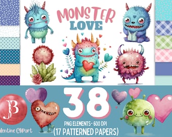 Clipart ad acquerello di San Valentino, acquerello Silly Monster, arte dell'arredamento d'amore, stampabili di carte di San Valentino, clipart ad acquerello San Valentino