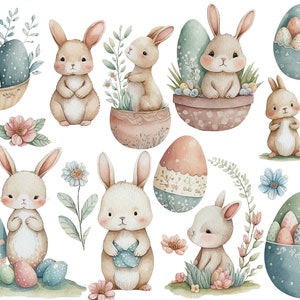 May include: Watercolour illustration of Easter bunnies and eggs. The bunnies are brown and white with long ears and are holding eggs. The eggs are decorated with floral patterns and polka dots. There are also flowers and leaves in the illustration.