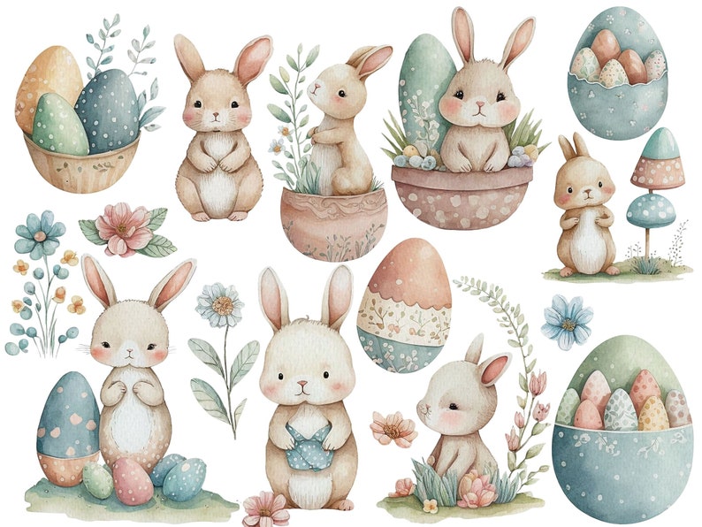 May include: Watercolour illustration of Easter bunnies and eggs. The bunnies are brown and white with long ears and are holding eggs. The eggs are decorated with floral patterns and polka dots. There are also flowers and leaves in the illustration.